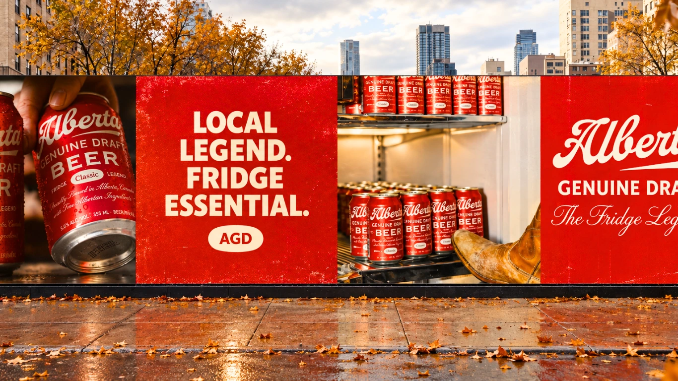 AGD Local Legend. Fridge Essential. Alberta Genuine Draft billboard in an autumn city scene