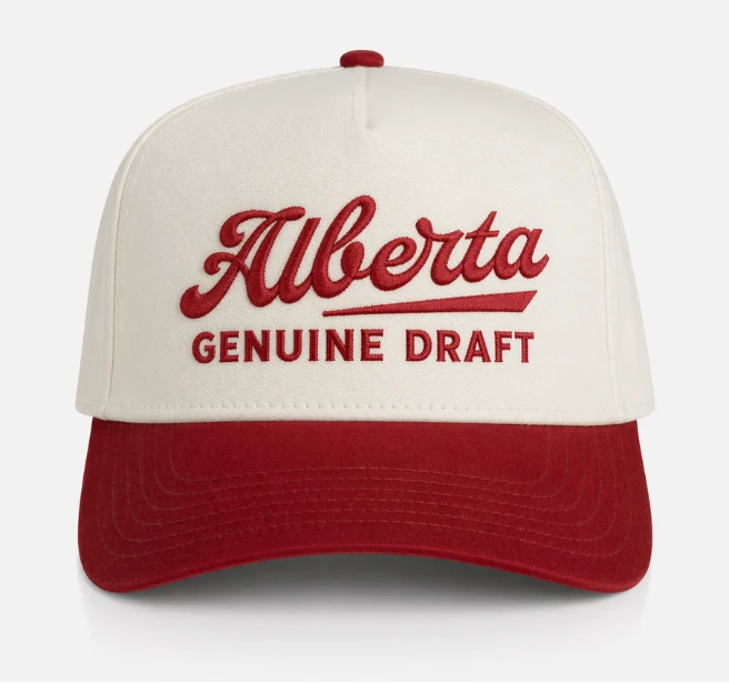 White AGD cap with red brim
