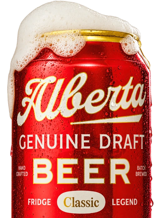 Cold AGD Classic beer can with foamy head