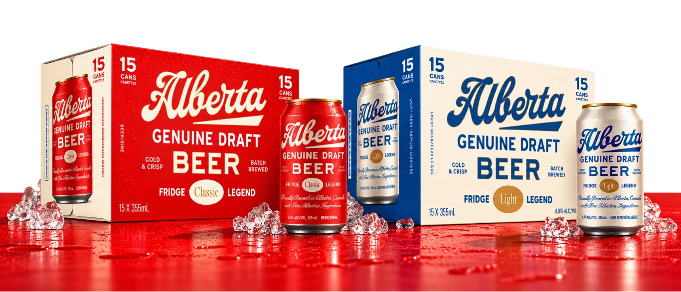 Alberta Genuine Draft Classic and Light beer cartons and cans, on ice
