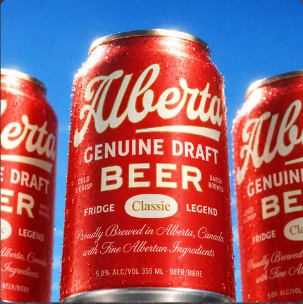 AGD Classic red beer cans against a blue backdrop